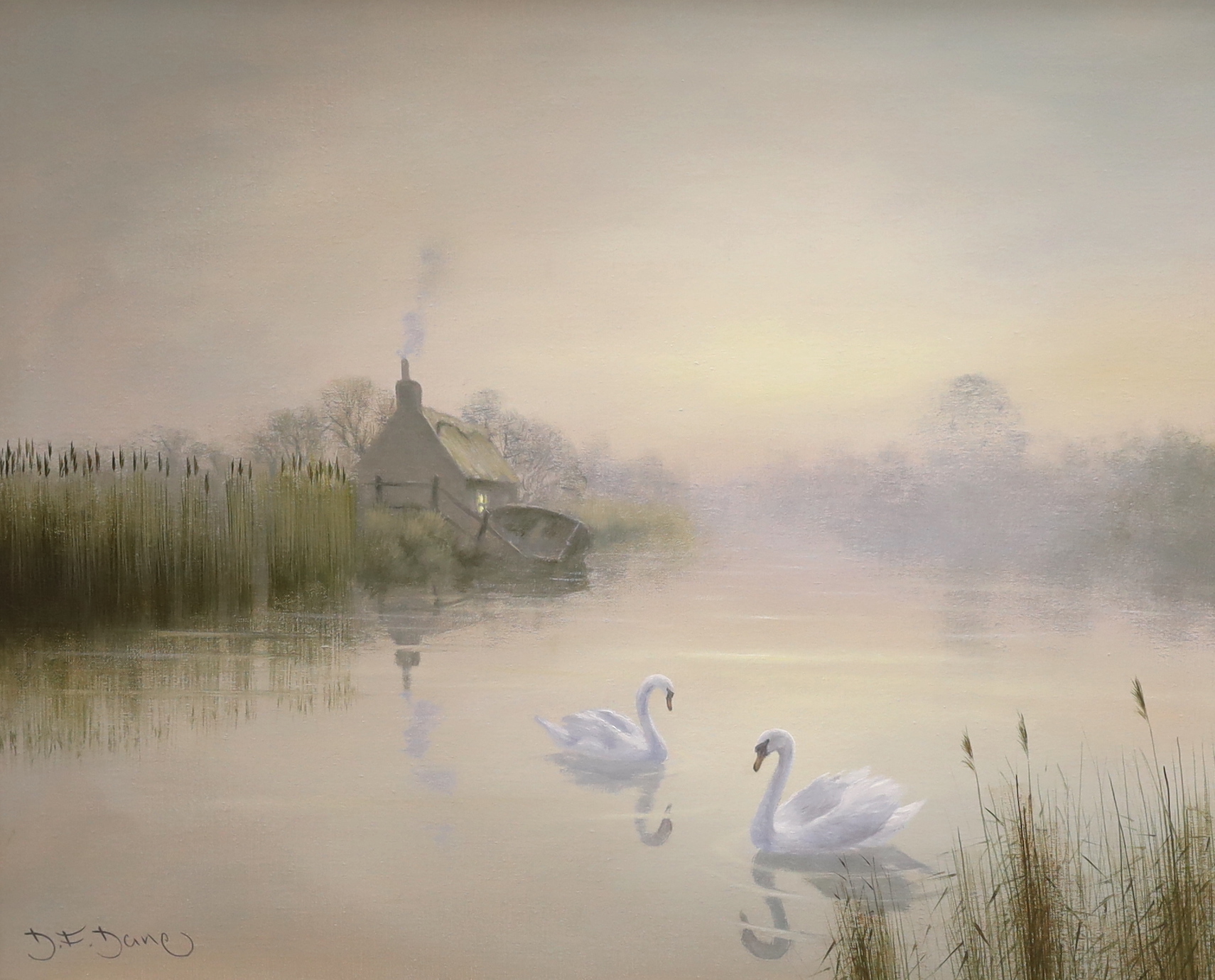 David Dane (Contemporary), oil on canvas, River landscape with swans, signed, 39 x 49cm